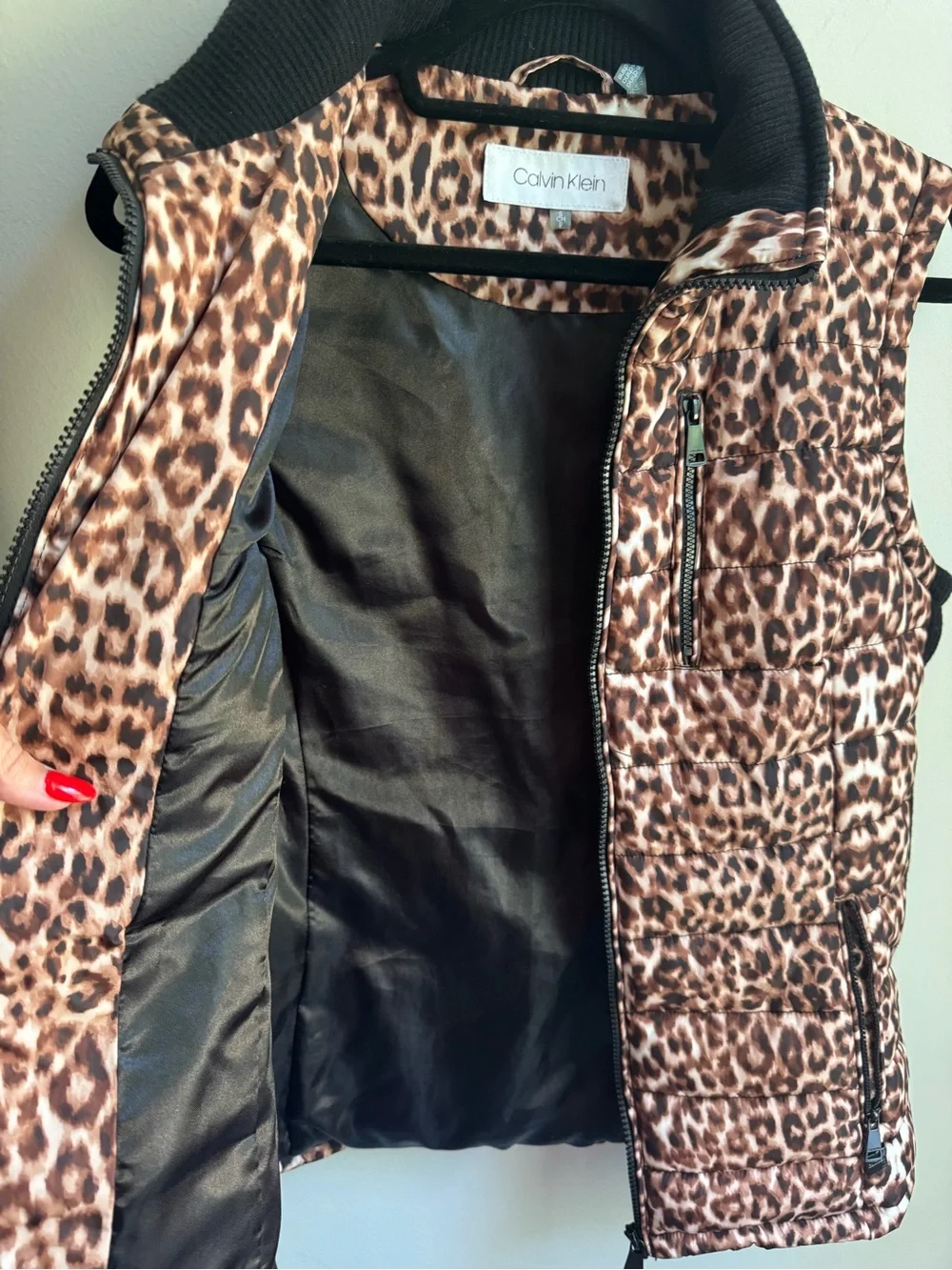Calvin Klein Leopard Quilted Vest in Brown and Black